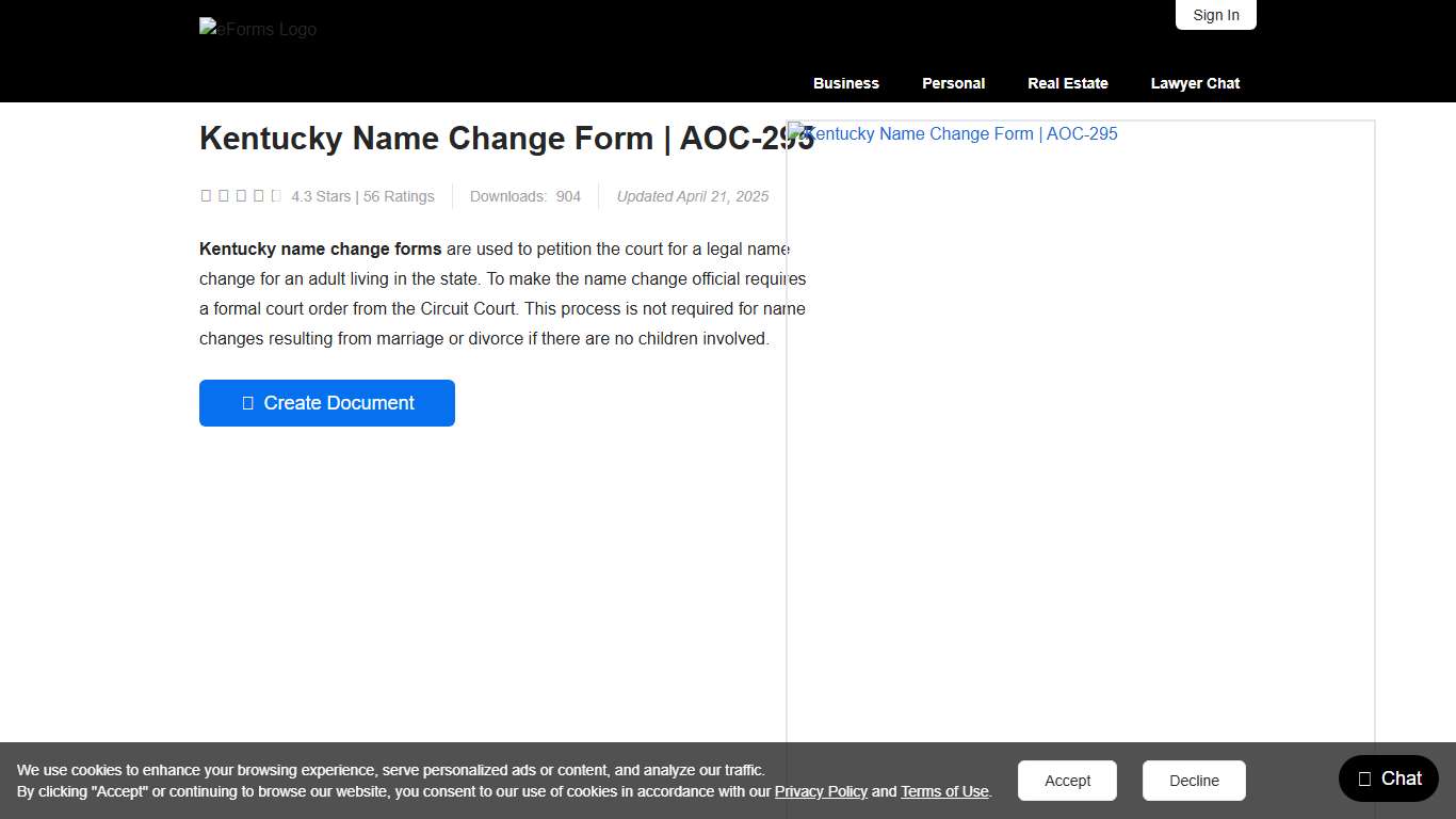 Free Kentucky Name Change Forms AOC-295 - PDF – eForms